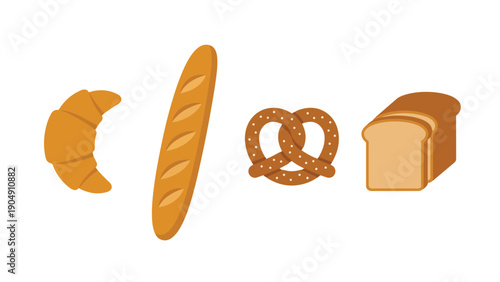 Bakery Bread and Pastry Food Icon Set, Croissant Baguette Pretzel Toast Collection