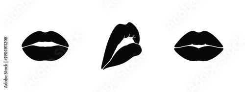 Black lips vector icon set, three different mouth shapes, kiss and speaking gestures, isolated on white