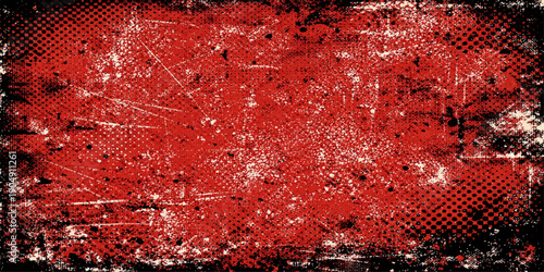 A vintage grunge design featuring an aged red tennis court background with a textured pattern and a dark orange ball on a dirty paint splattered surface