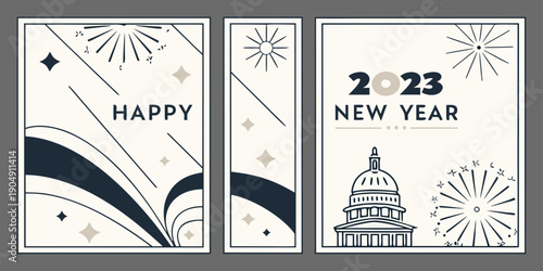 Happy 2023 New Year Illustration Set – Modern Black & Gold Typography, Fireworks & Festive Decorative Panels