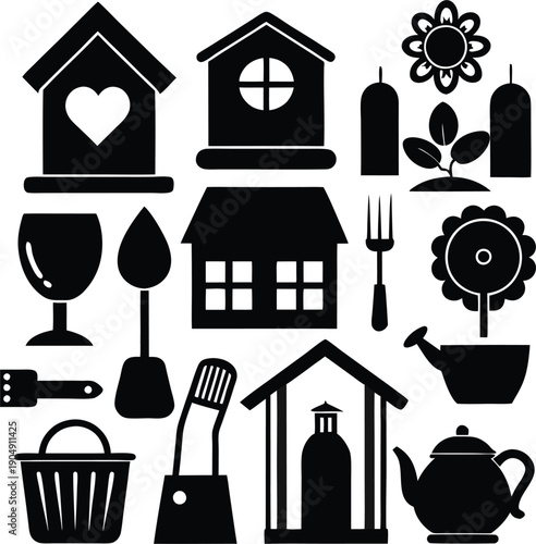 Black and white icons of household and gardening tools