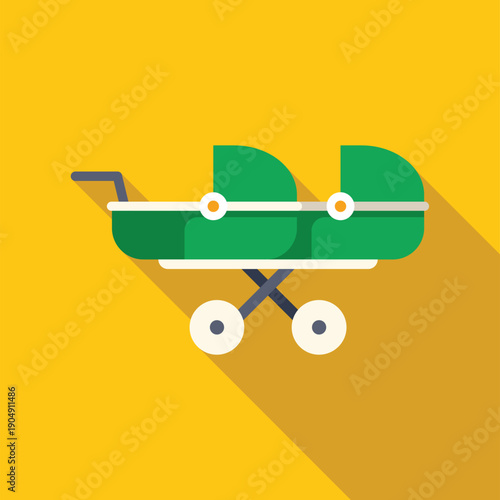 Green tandem pram icon for twins on a yellow background, showing childcare and parenting