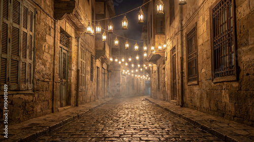 Egyptian Old Street: Lantern Reflections On Wet Stones - Ramadan vibes