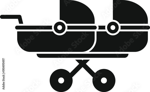 Tandem baby carriage icon representing newborn twins, family, and parenthood