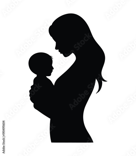 Mother and baby silhouette vector icon, black graphic illustration of woman holding infant, isolated on white
