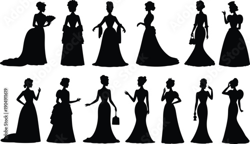 Elegant Victorian and vintage women silhouette set in various poses wearing long dresses, evening gowns, and accessories, perfect for fashion design,  decorative illustration projects.