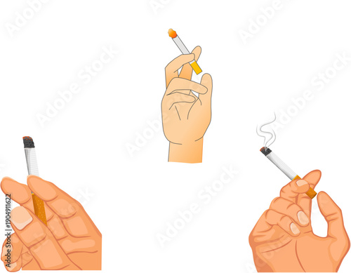 Three cartoon hands illustrating different ways of holding and smoking cigarettes, showing various stages from unlit to lit with smoke.