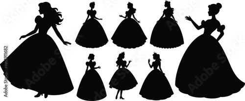 Princess silhouette collection in elegant ball gowns, royal women figures in black, fairy tale fashion illustration set, classic female dress poses isolated on white background.