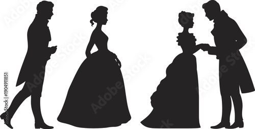 Victorian couple silhouettes in romantic scene with elegant man and woman in vintage clothing. Classic love and relationship illustration isolated on white background design.
