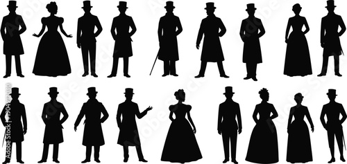 Victorian men and women silhouettes collection in vintage formal clothing, classic gentleman and lady figures with top hats, retro historical fashion set isolated on white background.