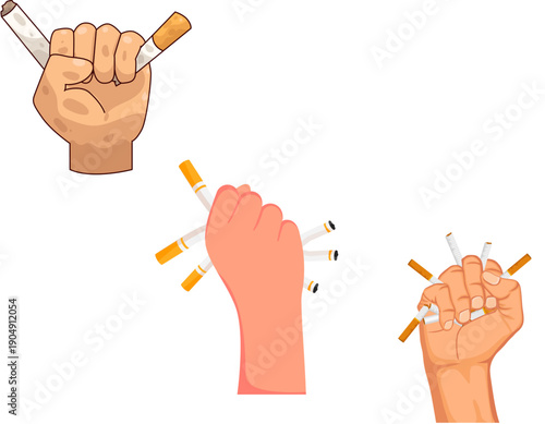 A sequence of three hands demonstrating the act of quitting smoking by crushing cigarettes, symbolizing breaking a bad habit.