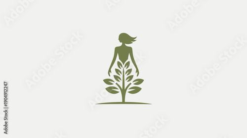 Minimalist Green Female Figure Plant Logo Symbolizing Nature Growth