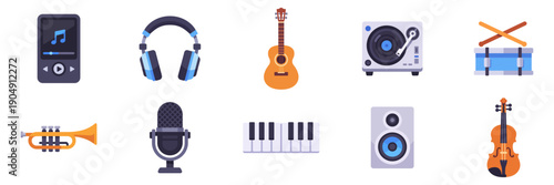Set of music icons, headphones microphone speaker guitar turntable trumpet, colorful collection with vector flat illustrations 