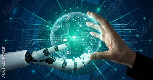Human and Robotic Hands Touching Glowing Digital Globe with Icons Representing Global Connectivity and AI Collaboration