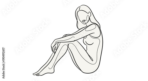 Minimalist line drawing of a nude woman sitting on the floor.
