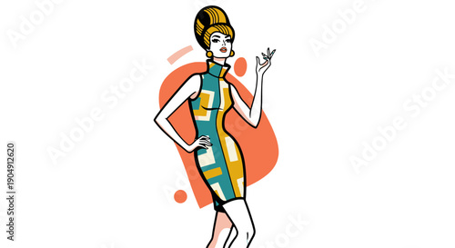 Fashionable woman in stylish dress posing confidently.