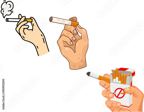An illustration depicting hands holding a traditional cigarette, an e-cigarette, and a pack of cigarettes with a no smoking sign.