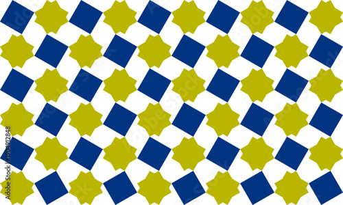 blue diamond and yellow star with hexagons pattern, Abstract Seamless geometric pattern with blue stars background, blue diamond dot, repeat star pattern design for fabric printing, star patter checke