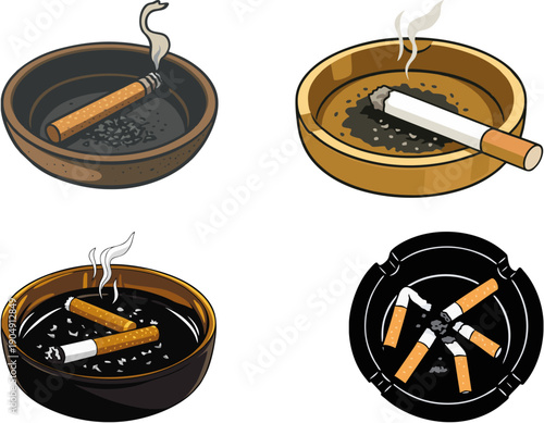 Four different illustrations of ashtrays with lit and extinguished cigarettes and cigar butts, showing various stages of smoking.