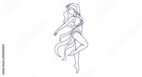 Minimalist line art illustration of a dancing woman with flowing hair.