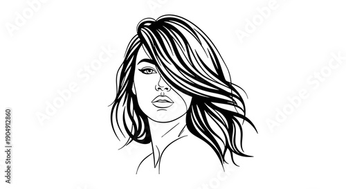 Black and white line drawing of a woman with flowing hair.