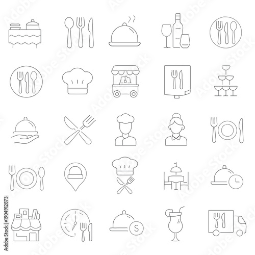 Restaurant and Food Service Thin Line Icons Set for Culinary Business.