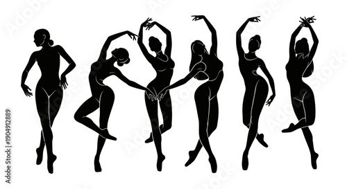 Silhouette of female dancers in various ballet poses on white background.