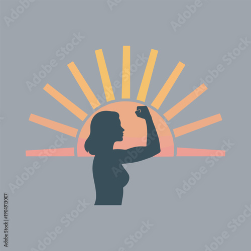siilhouette of Strong Woman Flexing Arm Muscles on Sunburst Background
