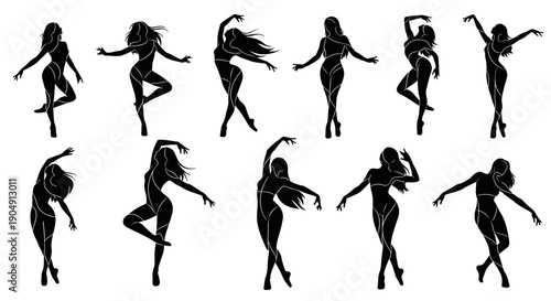 Collection of Female Dancer Silhouettes in Various Dance Poses.
