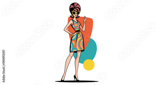 Fashionable woman in stylish dress and hat posing confidently.