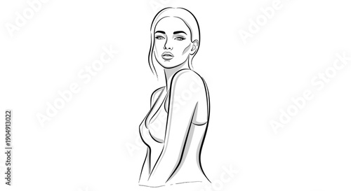 Simple black and white line drawing of a woman posing.