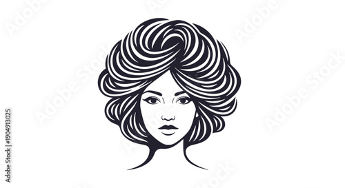 Stylized black and white illustration of a woman's face with flowing hair.