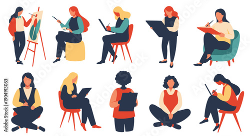 Illustration of diverse people engaged in creative activities like painting and drawing.