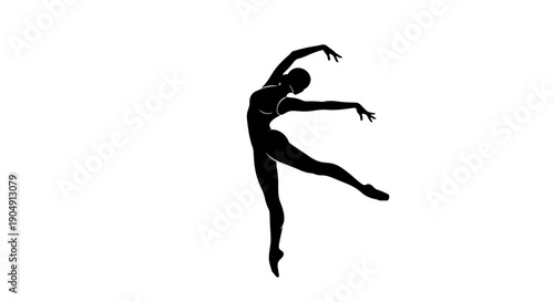 Silhouette of a dancer in mid-air, graceful movement, elegant pose, dynamic figure, isolated on white background, black shape, artistic expression.