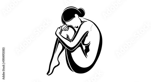 Woman sitting in contemplative pose with star symbol.