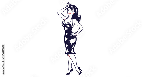 Fashionable woman in elegant dress posing confidently.