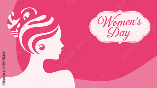 Womens Day Celebration Vector Illustration of Female Silhouette on Pink Background