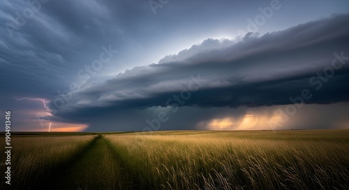 Dramatic stormy landscape with dark clouds over a vast open field at sunset or sunrise with possible rain showers