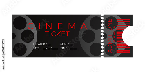 Modern design of cinema ticket with film reel silhouette. Cinema ticket template with barcode. Vector illustration