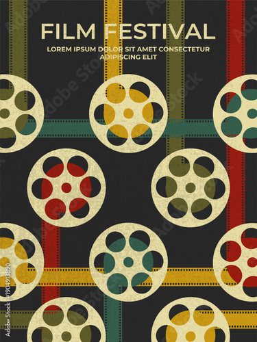 Film festival poster design with unrolling color film reels. Movie film cinema concept. Vector illustration