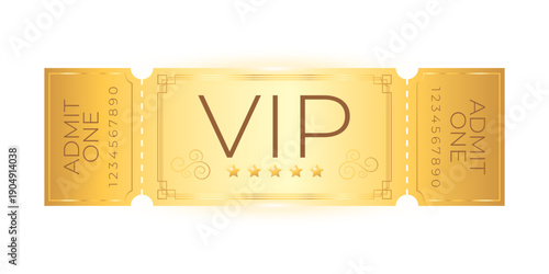 Elegant golden VIP ticket coupon template isolated on white background. Festival, premiere events, luxury and VIP invitation design. Vector illustration