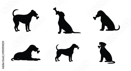 Dog silhouettes with bones vector set. Black pet icons in various poses: standing, sitting, lying down, playing, isolated on white.