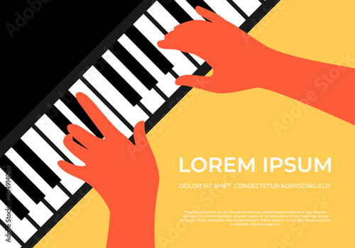 Music background with silhouette of hands playing on the piano. Hands on piano keys. Vector illustration