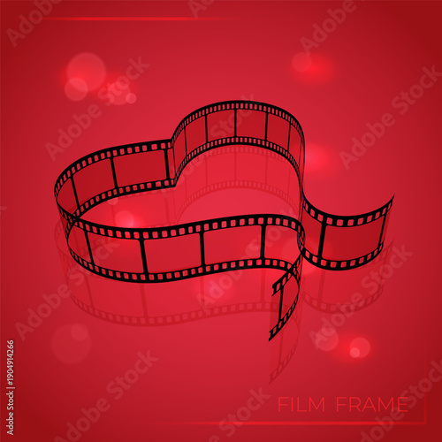 Movie filmstrip folded into a heart shape on red background with flashlights. Cinema concept. Vector illustration