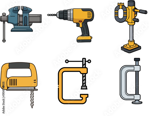A collection of various workshop and woodworking tools including a bench vise, cordless drill, drill press, jigsaw, and two types of clamps.