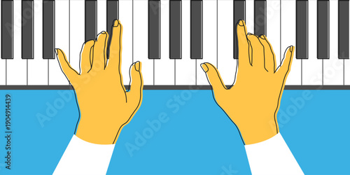 Outline hands playing on the piano. Hand drawn woman hands on piano keys. Vector illustration