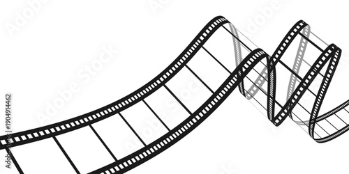 Transparent movie film strip in perspective. Blank curvy film strip isolated on white background. Vector illustration