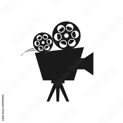 Retro movie camera silhouette icon isolated on white background. Movie film symbol. Vector illustration