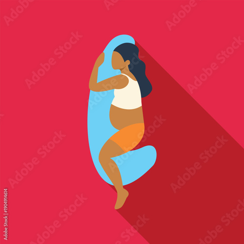 Pregnant woman sleeping on her side embracing a full body support pillow