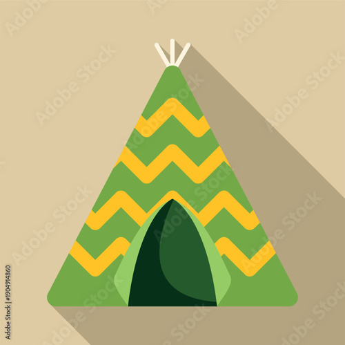 Green teepee with yellow zigzag pattern and long shadow on a beige background